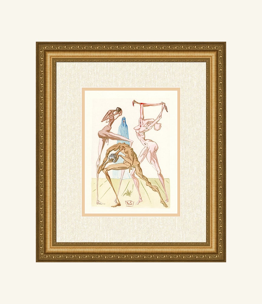 Salvador Dali Inhabitants of Prato 1960 Woodcut Signed Framed: Salvador Dali. "The Inhabitants of Prato" Enferno Chant 26. Authentic Original Color Woodcut from The Divine Comedy Printed in 1960 on B.F.K. Rives Paper ( this is not a reproduction, copy, or reprint