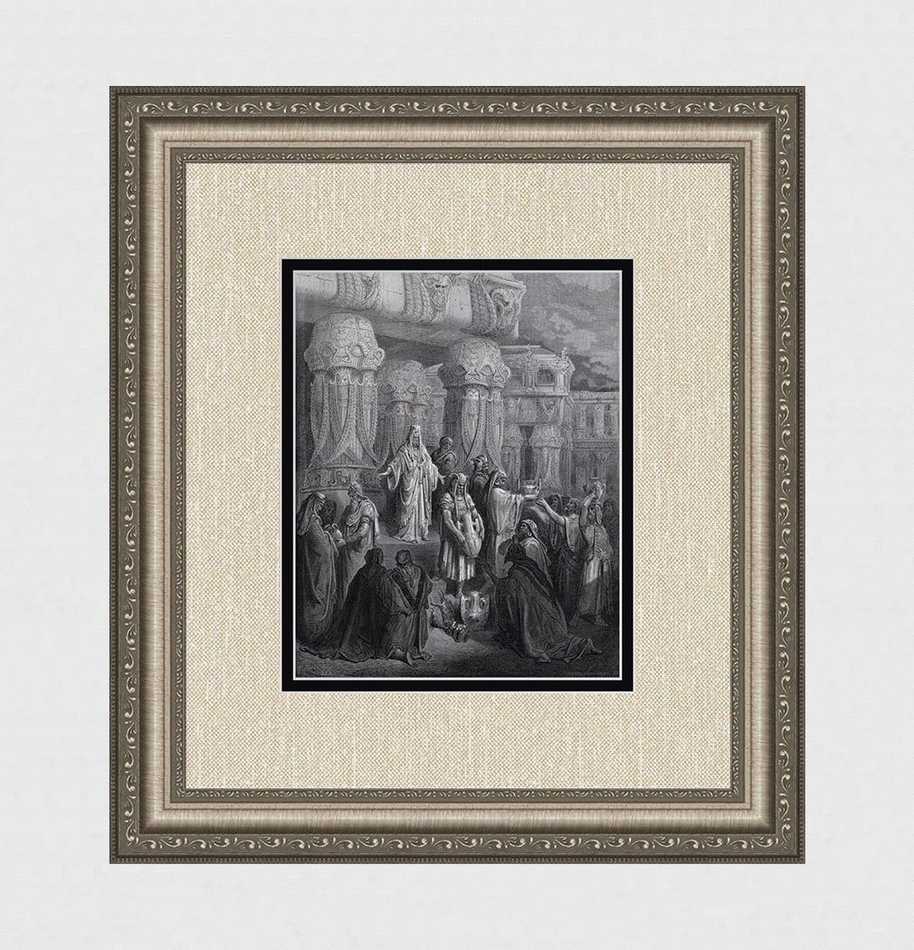 Gustave DORE 1800s Religious Wood Engraving "Proclamation of Cyrus" FRAMED Signed: Gustave Dore (Paul Gustave Louis Christophe Dore) (French, 1832-1883).Cyrus Restoring The Vessels Of The Temple (from Dore's Bible). Antique Wood Engraving on wove paper after the original by master w