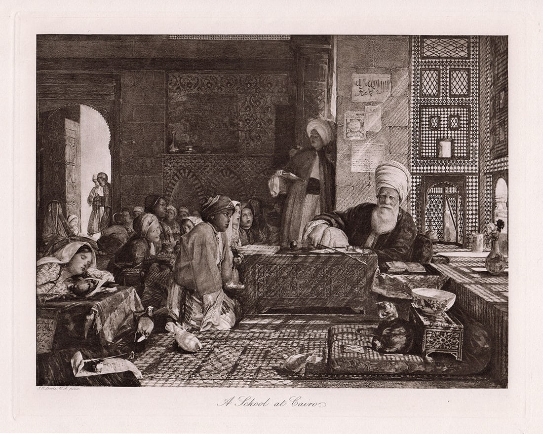John Frederick Lewis 1892 print A School at Cairo signed: John Frederick Lewis. (English, 1804-1876). A School at Cairo. Antique Heliogravure on wove paper after the original by a Master Engraver. 1892. Signed in the Plate. Excellent. Image Size 7 5/8 x 9 3/