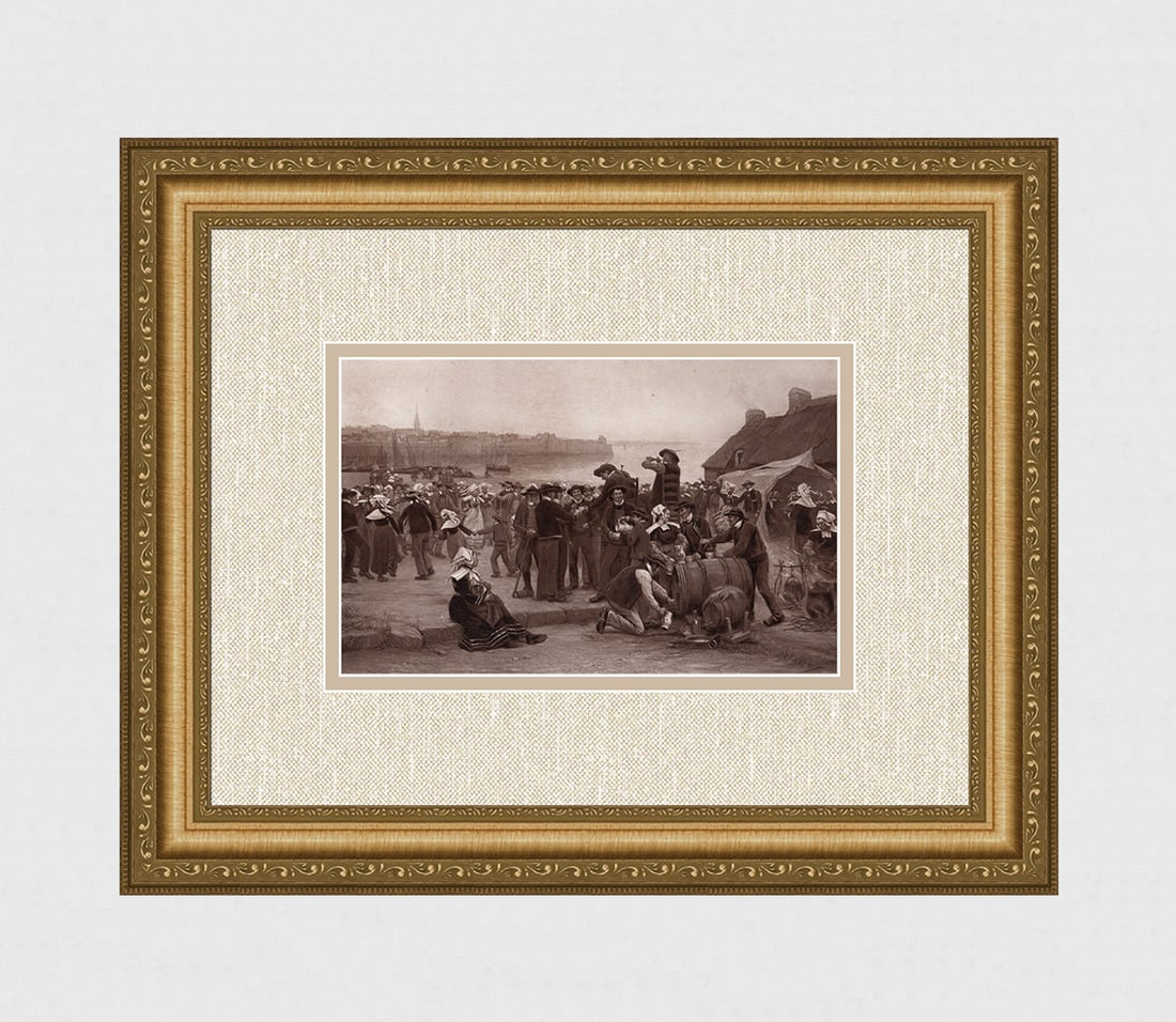 Theophile Deyrolle 1800s Antique Print A Marriage in Brittany FRAMED Signed: Theophile-Louis Deyrolle (French, 1844 - 1923). The Pardon in Brittany (Le pardon en Bretagne). Antique heliogravure on heavy wove paper after the original oil on canvas by a Master Engraver. Year: c.