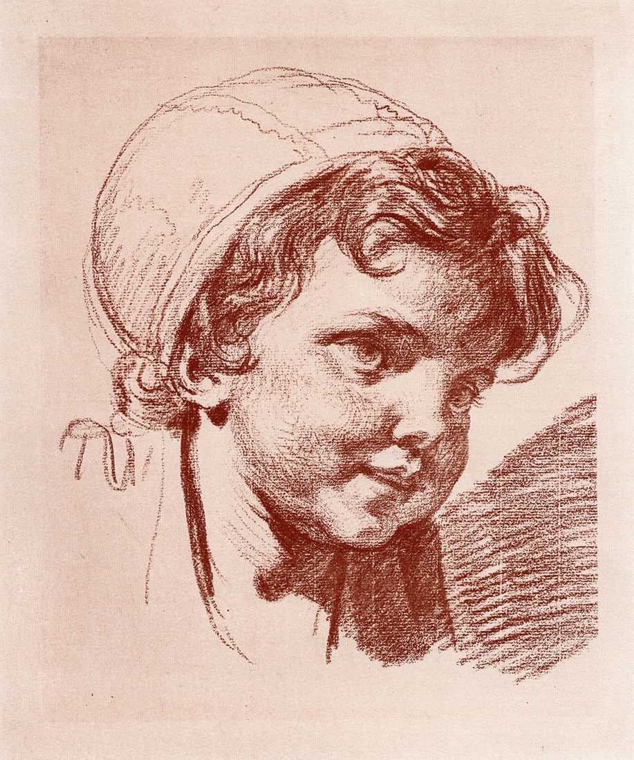 Jean-Baptiste Greuze (French, 1725-1805) Study of a Child's Head 1872 print: Jean-Baptiste Greuze (French, 1725-1805). Study of a Child's Head. Antique heliogravure on wove paper after the original by a Master Engraver. 1872. Excellent. Approximately 15 x 16 inches. This piece