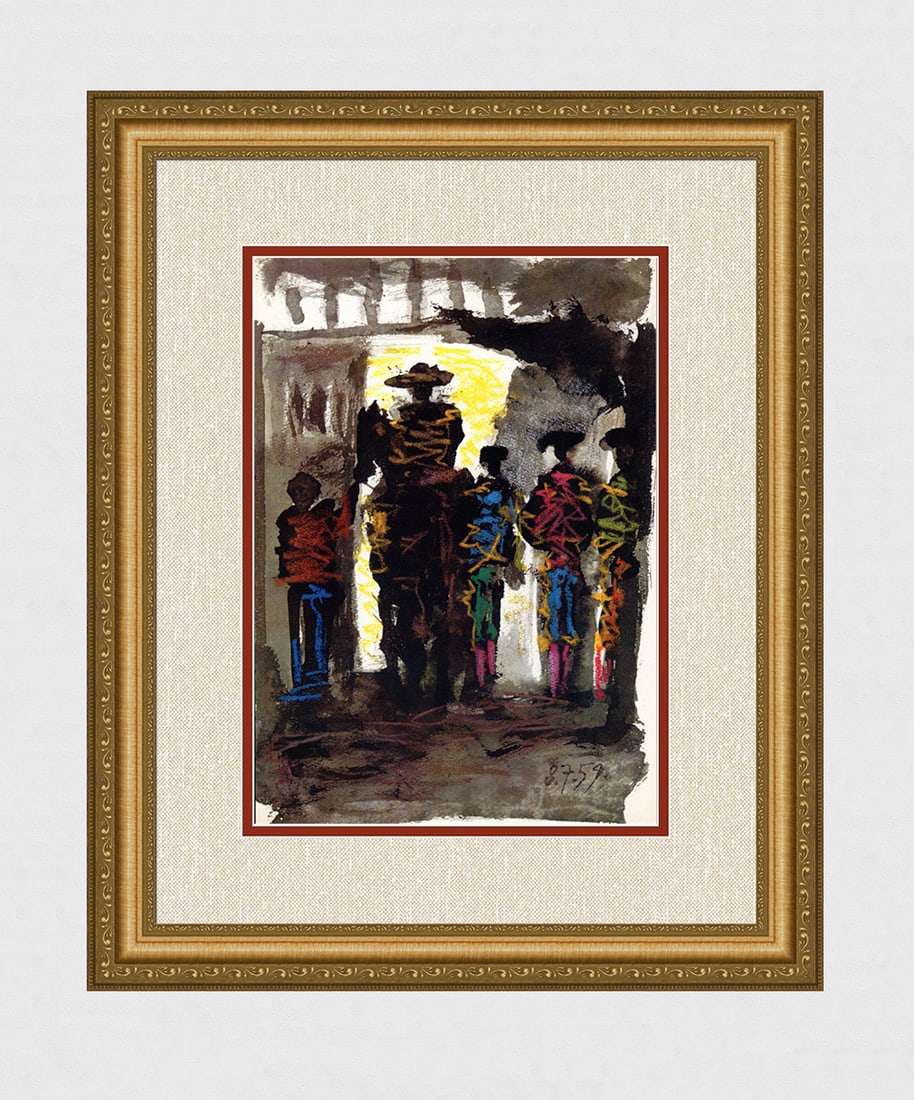 Pablo Picasso 1961 Color Lithograph "Bullfighters & Picador" FRAMED: Pablo Picasso (1881 - 1973). Bulls and Bullfighters Picador(Toros Y Toreros Picador). 1961 Color offset lithograph, on Arches paper, after the original sketch. Dated in the plate, lower right. Edition