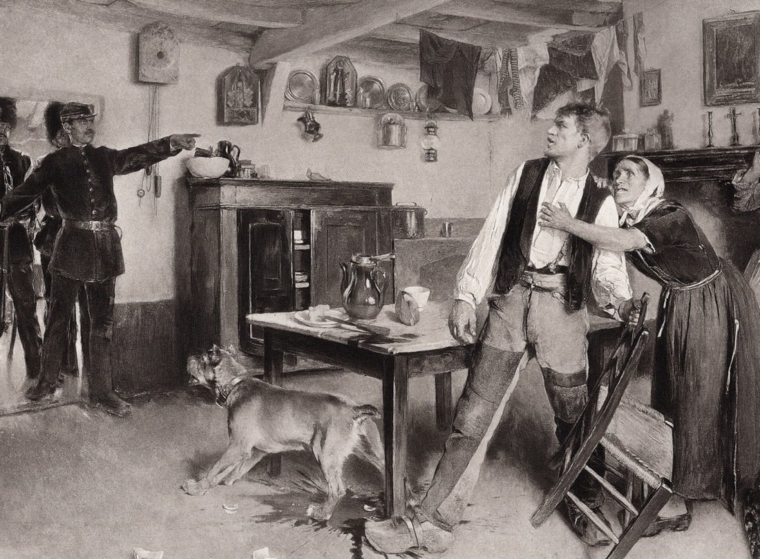 1800s Evariste Carpentier Antique Print Resisting Arrest SIGNED Framed: Evariste Carpentier (1845-1922). An Arrest in the Village. Antique heliogravure on heavy wove paper after the original. Year: c. 1890. Signed in the plate lower left. Image Size 8 x 12 1/4 inches. Fra