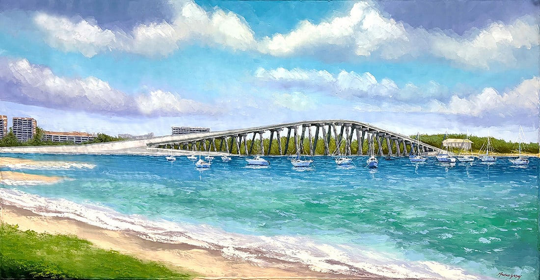 Mauricio Garay Original Painting Bridge Over Bay 72 x 36 inches: Mauricio Garay. Bridge Over the Bay. Original oil painting on canvas. Canvas Size 72 x 36 inches. Mauricio Garay began to arouse his interest in art at an early age, with some artistic guidance from