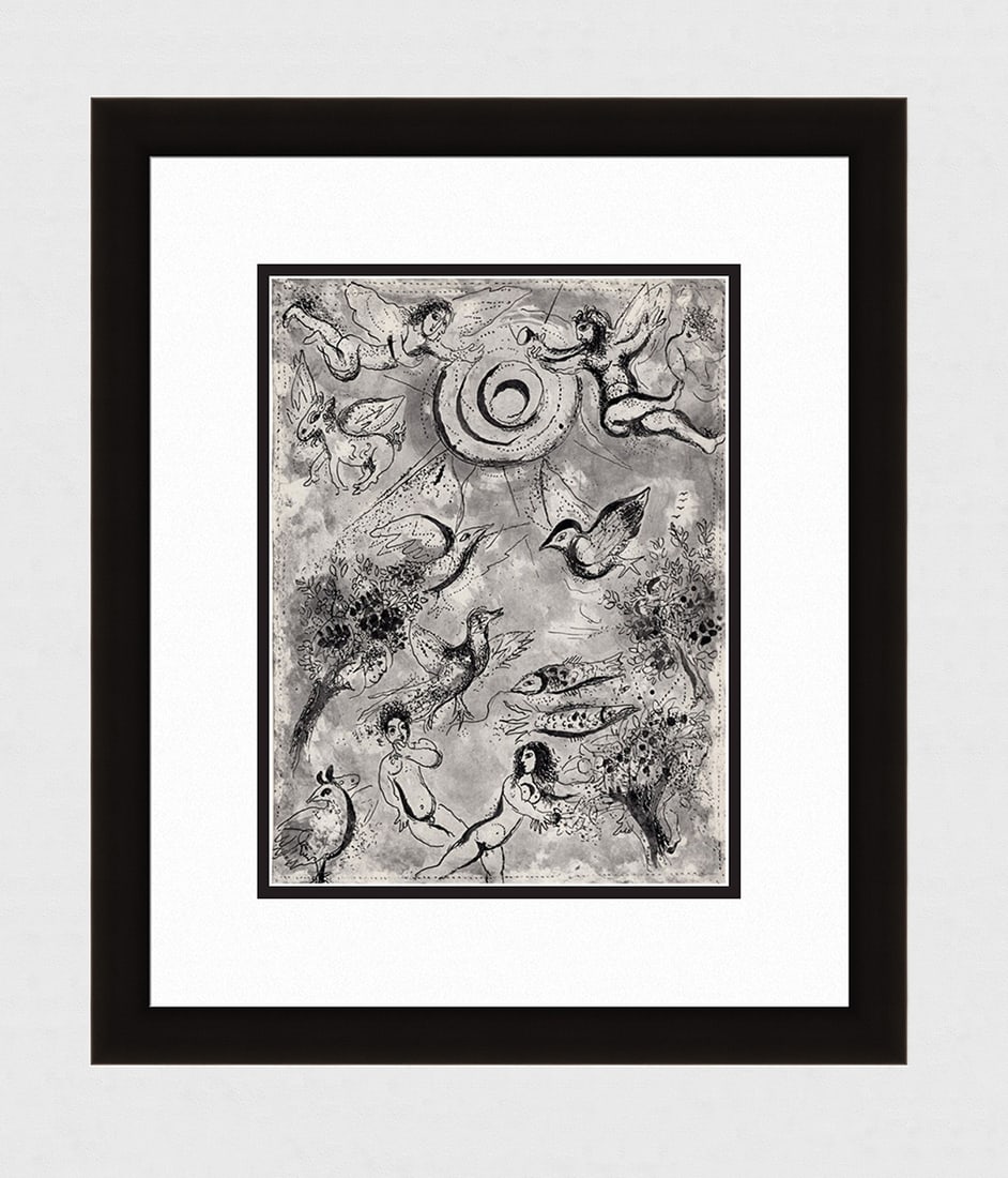 1960 Marc CHAGALL Religious Print "God's Creation": Marc Chagall (1887-1985). Creation. Antique black and white heliogravure on wove paper. Year: 1960. Teriade. Draeger Freres. Limited to 6500 Examples. Image size 9 3/8 x 12 5/8 inches. Framed dimensio
