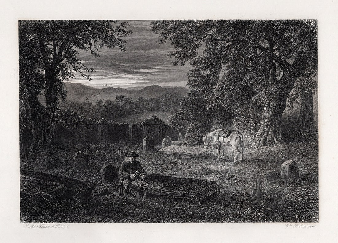 John MACWHIRTER Country Cemetary FRAMED 1869 SIGNED Engraving: John MacWhirter (Scottish, 1837-1911). The Graveyard, Old Mortality at the Tombs. Antique engraving on wove paper after the original by master engraver William Richardson (British, 1847-1860 fl.).