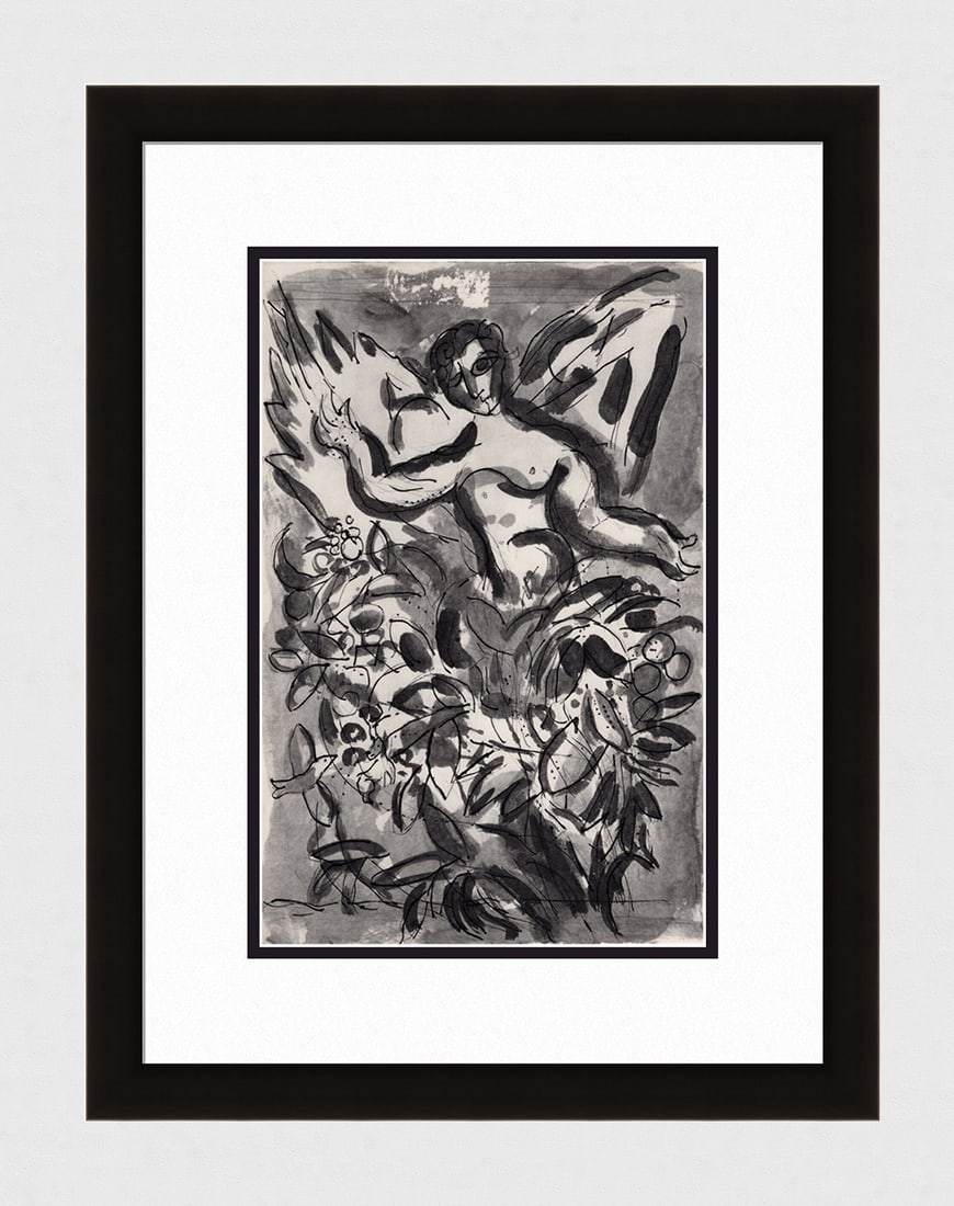 1960 MARC CHAGALL Antique Religious Print CHERUBIN Framed: Marc Chagall (1887-1985). Cherubim. Antique black and white heliogravure on wove paper. Year: 1960. Teriade. Draeger Freres. Limited to 6500 Examples. Image size 8 1/2 x 13 inches. Framed dimensions