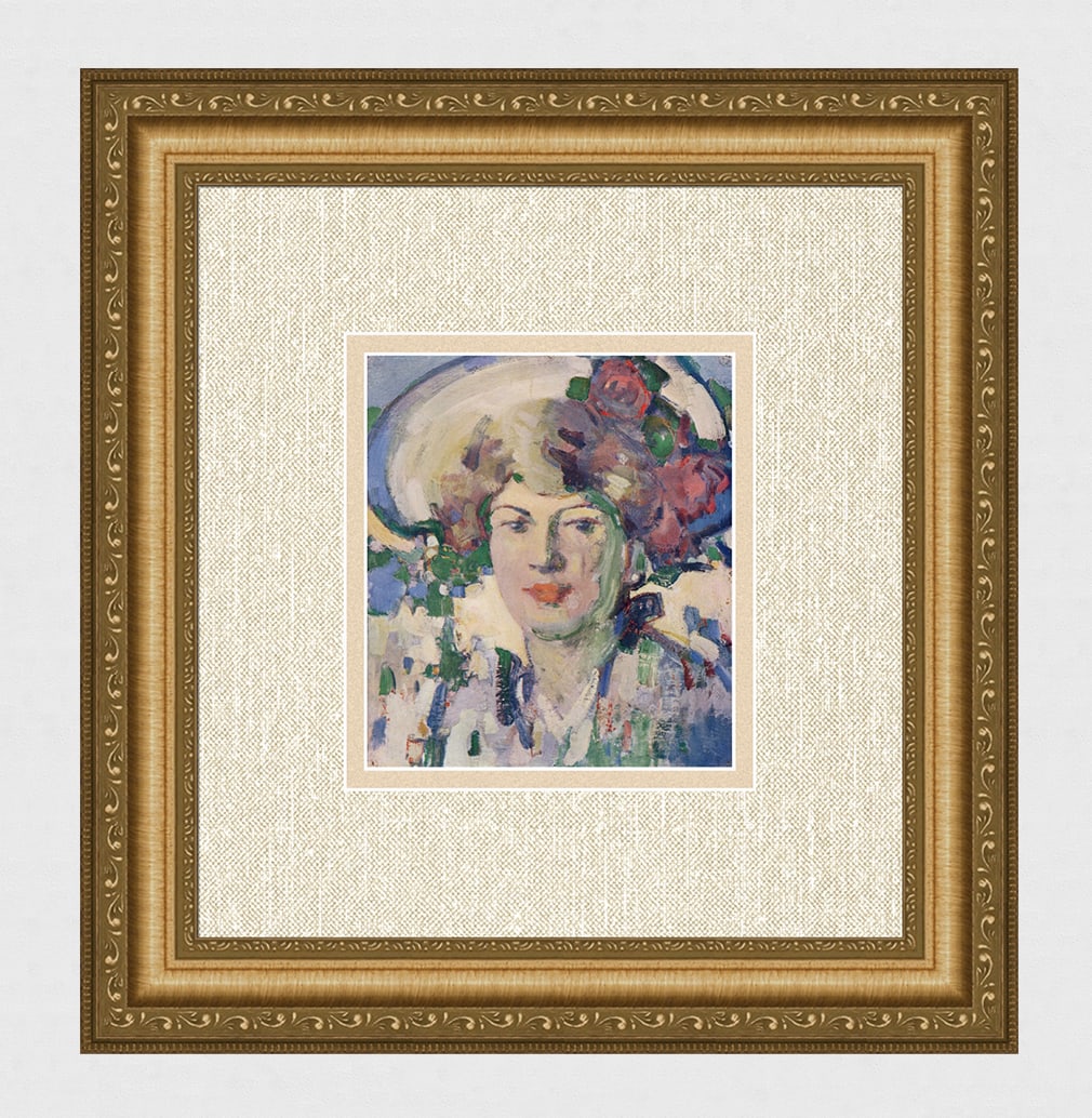 John Duncan Fergusson Antique Color Print Woman wearing a Hat Framed: John Duncan Fergusson (Scottish, 1874 - 1961). In the Sunlight. Antique color print on wove paper after the original oil painting. Year: 1909. Image Size 5 3/4 x 6 1/2 inches. Framed dimensions approx