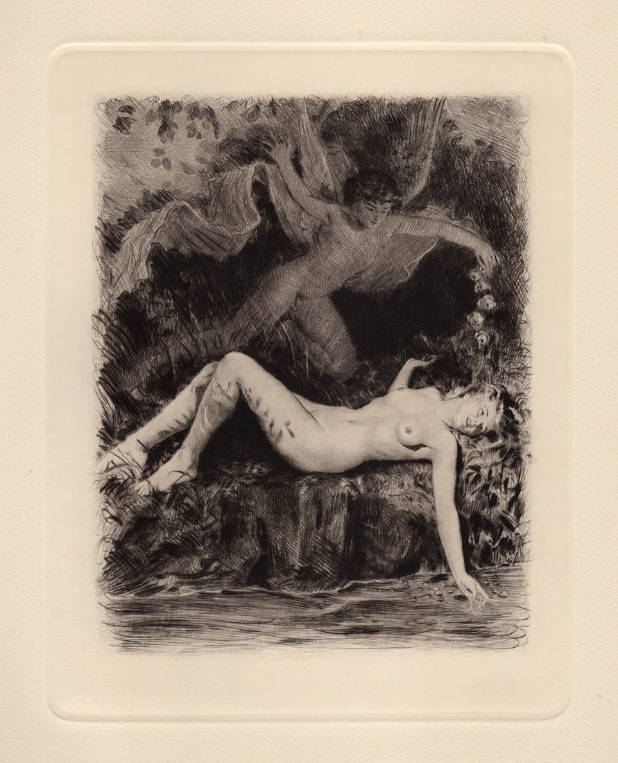 Cupid Finding Psyche Original 1955 Paul-Emile Becat Limited Drypoint: Paul-emile Becat (French, 1885 - 1960). Cupid Finding Psyche. Medium: Original drypoint etching on wove paper. Year: 1955. Edition 282 limited edition of 670. Publisher Les Heures Claires, Paris.