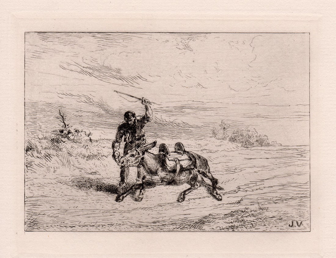 1872 Jules Jacques Veyrassat Asses I etching signed: Jules Jacques Veyrassat. (French, 1828 - 1893). Asses I. Antique etching on thick wove paper. 1872. Signed in the plate, lower right. Excellent. Image size 4 1/8 x 5 1/2 inches. Approximately 13 x 15