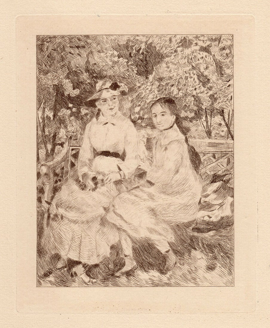 Auguste RENOIR 1892 Etching "Two Women In Garden": Pierre Auguste Renoir (1841 - 1919). Portrait (The Daughters of Durand-Ruel). Hand Pulled Copper plate etching , printed in bistre ink, on cream laid paper after the original by Auguste Marie Lauzet