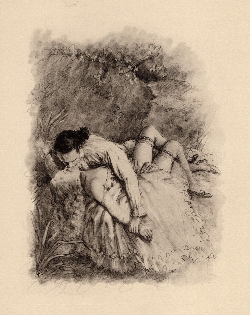 Original 1947 Paul-Emile Becat Limited Lithograph La Reserve Framed: Paul-emile Becat (French, 1885 - 1960). Reserve, Fifth Kiss I (La reserve, Cinquieme Baiser I). Original lithograph on Chiffon Renage paper. Year: 1947. Numbered limited edition. This is one of 254 nu
