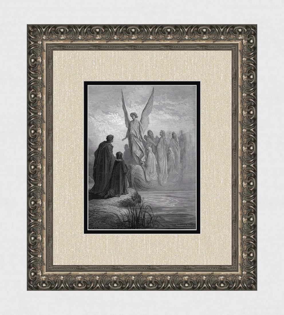 Gustave Dore 1800s DIVINE COMEDY Wood Engraving "The Ship of Souls" Signed Framed: Gustave Dore (Paul Gustave Louis Christophe Dore) (French, 1832-1883). Chant 2 The Boat Of Souls (Dante's Divine Comedy Purgatory). Antique Wood Engraving on wove paper executed by master wood engrave