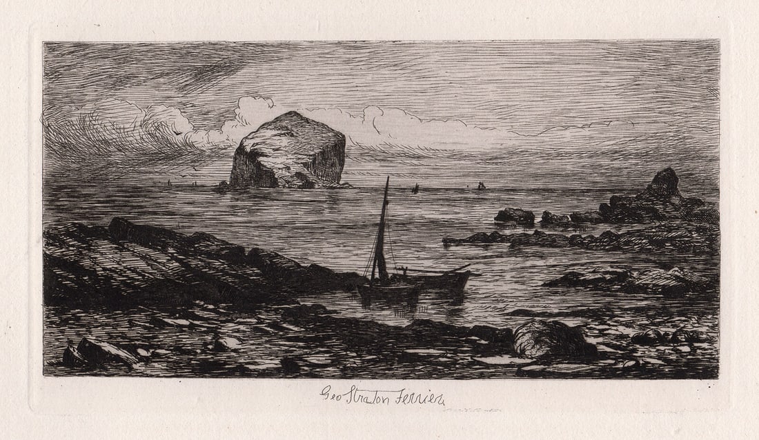 George Stratton Ferrier The Bass Rock 1879 etching: George Stratton Ferrier. (British, 1852-1912). The Bass Rock. Antique etching on thick laid paper. 1879. Signed in the plate, lower center. Excellent. Image size 3 3/4 x 7 1/8 inches. Image size 13 x 