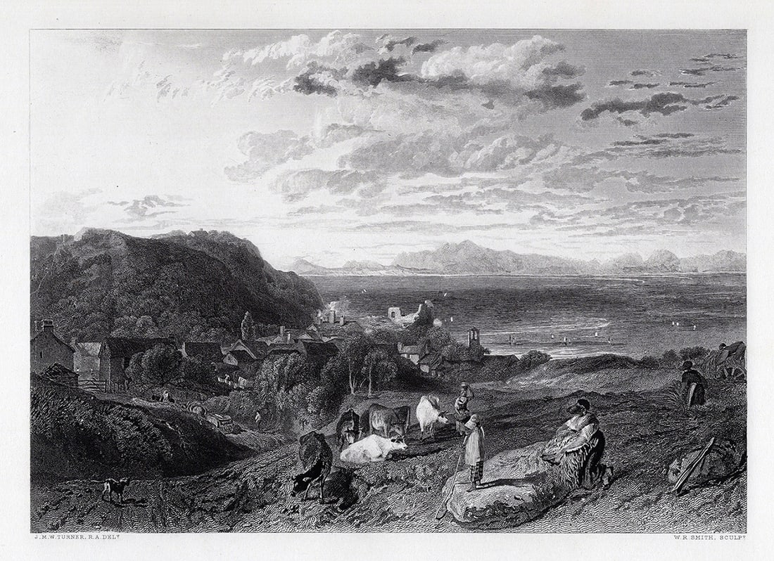 FRAMED 1800s William Turner Engraving Heysham & Cumberland Mountains SIGNED: Joseph Mallord William Turner (English, 1775-1851). Heysham and Cumberland Mountains. Antique engraving on wove paper after the original by master engraver William Richard Smith (British, 1787-1839 af