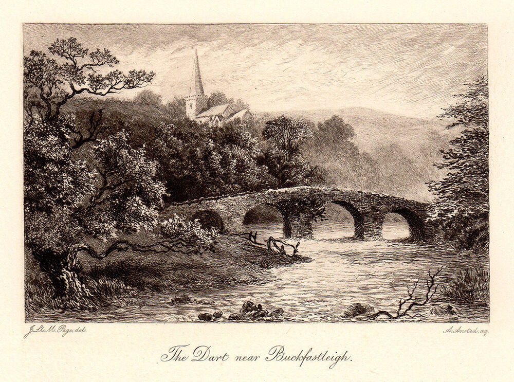 John Lloyd Warden Page The Dart near Buckfastleigh 1893 Etching Signed: John Lloyd Warden Page. The Dart near Buckfastleigh. Antique etching on thick wove paper after the original by master etcher Alexander Ansted (British, 1859 - 1948). 1893. Signed in the plate. Image 3