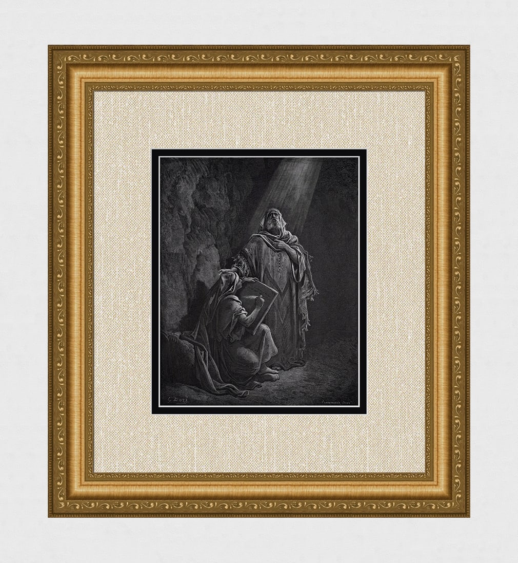1800s GUSTAVE DORE Biblical Woodcut Baruch & Jeremiah's Prophecies Framed Signed: Gustave Dore (Paul Gustave Louis Christophe Dore) (French, 1832-1883). Baruch writing Jeremiah's Prophecies (from Dore's Bible) Antique woodcut wove paper after the original by a master wood engravers