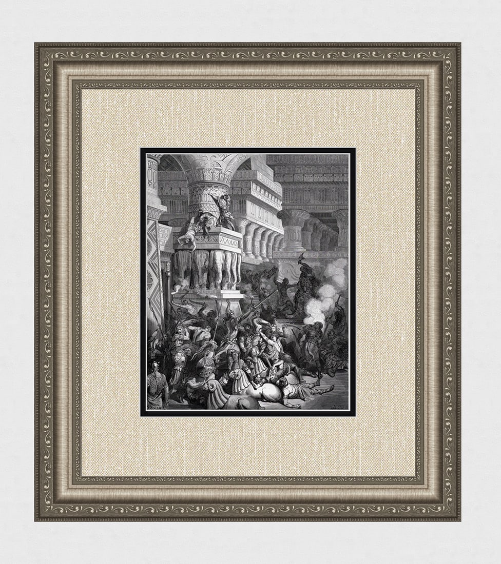 Biblical 1800s Gustave DORE Woodcut Jonathan Defeats Apollonius SIGNED Framed: Gustave Dore (Paul Gustave Louis Christophe Dore) (French, 1832-1883). Jonathan Destroys the Temple of Dagon (from Dore's Bible). Antique woodcut wove paper after the original by a master wood engrave