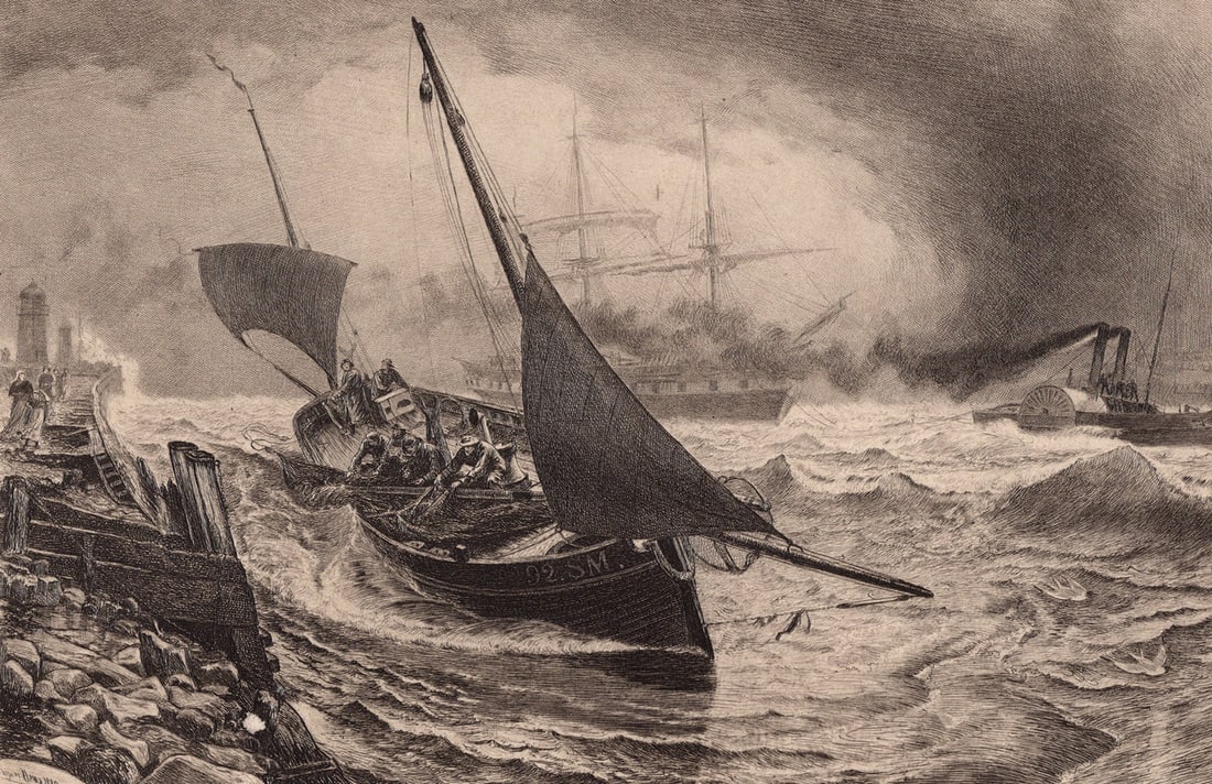 SIGNED 1800s Charles Napier Hemy Etching Saved from Rough Seas FRAMED: Charles Napier Hemy (British, 1841 - 1917). Saved. Antique etching on wove paper after the original by master etcher Charles Oliver Murray (British, 1842-1923). Year: 1881. Signature: Signed in the