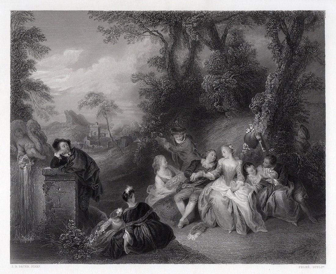 1800s Jean Baptiste Pater A fete Champetre SIGNED Framed: Jean Baptiste Pater (French, 1695-1736). A fete Champetre. Antique engraving wove paper after the original by master engraver Pierre Pelee (Swiss, 1801-1871). Year: 1856. Signed in the plate. Image