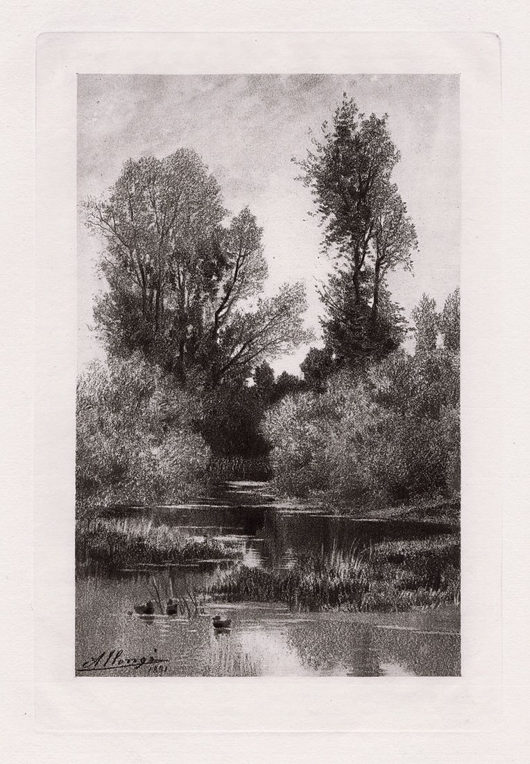 Auguste Allonge 1883 Antique Print Landscape with a Brook signed Framed: Auguste Allonge. (French, 1833 1898). A Lowland Brook. Antique heliogravure on laid paper after the original charcoal drawing by a Master Engraver. 1883. Signed in the plate, lower left. Excellent.
