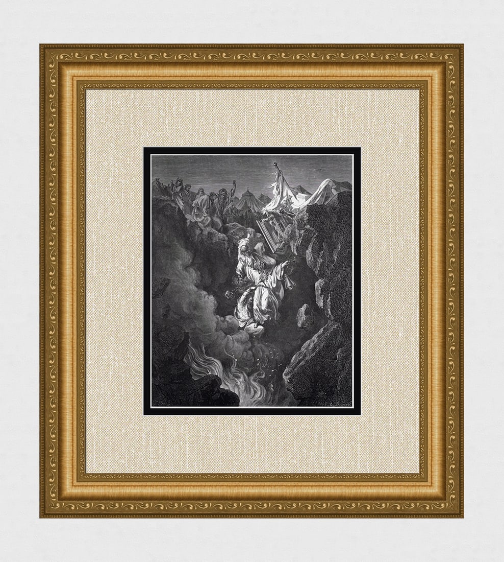 Gustave DORE 1800s Biblical Woodcut Death of Korah Dathan & Abiram SIGNED FRAMED: Gustave Dore (Paul Gustave Louis Christophe Dore) (French, 1832-1883). The Death of Korah, Dathan, and Abiram (from Dore's Bible). Antique woodcut wove paper after the original by a master wood