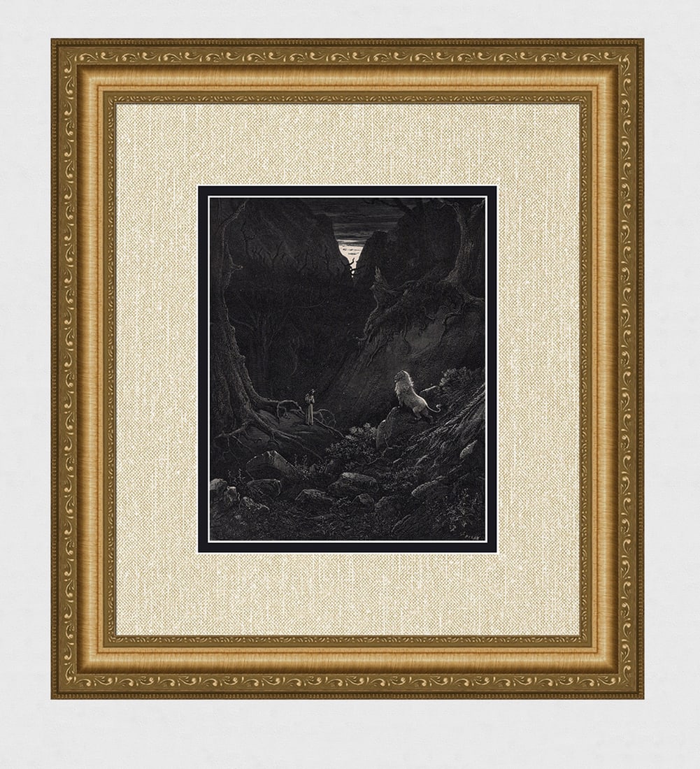 Gustave Dore Dante and the Lion (Dante's Divine Comedy Enferno) c. 1880 Wood Engraving: Gustave Dore (Paul Gustave Louis Christophe Dore) (French, 1832-1883). Chant 1. The Lion (Dante's Divine Comedy Enferno). Antique Wood Engraving on wove paper executed by master wood engraver Heliodor