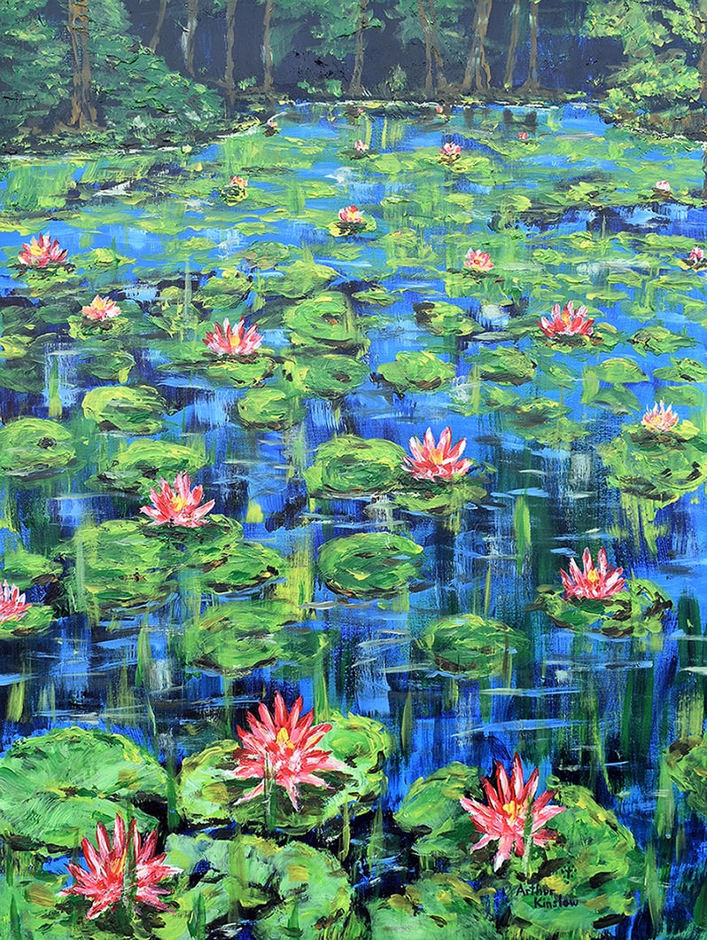 Arthur Kinslow Original Painting Water Lilies 36 x 48 Inches: Arthur Kinslow ( American, 1955 - ) Water Lilies. Original Acrylic on Canvas.Signed by the artist lower center. Canvas Size 36 x 48 inches. Arthur Kinslow has been involved in art his entire life and 