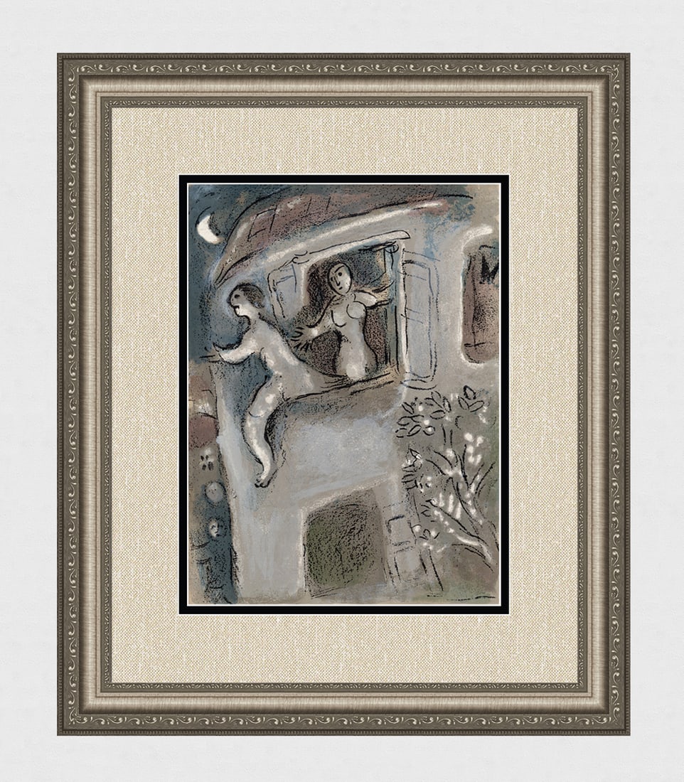 1960 Marc Chagall Lithograph David saved by Michal Framed: Marc Chagall (1887-1985) David saved by Michal (M. 250). Original Lithograph on Wove Paper. 1960. Limited to 6500 impressions. Atelier Mourlot. Dimensions: Sheet Size: c. 10 1/2 x 14 inches. Framed Di