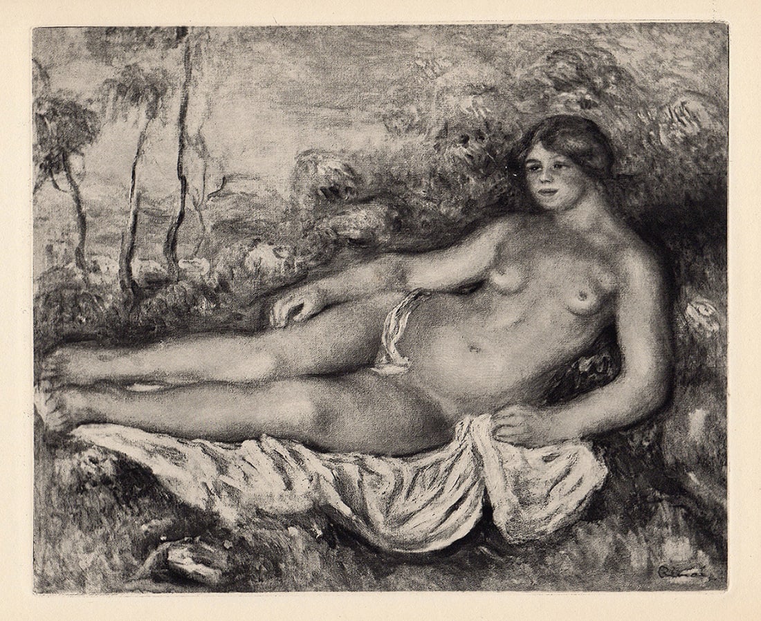 1919 RENOIR Limited Edition Engraving "Femme nue etendue" SIGNED FRAMED: Pierre Auguste Renoir (1841 - 1919). Naked Woman Lying (Femme nue etendue). Antique copper plate heliogravure engraving on Japon Imperial paper hand pulled by Emile Fequet in Paris on December 15,