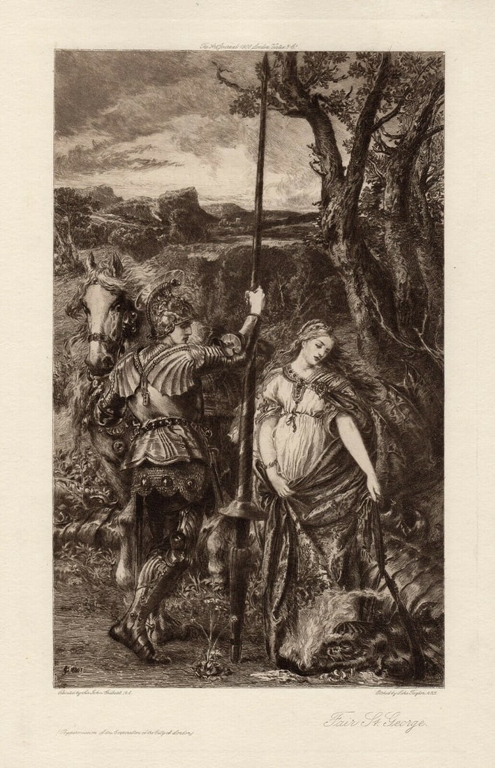 Sir John Gilbert Fair St. George 1908 Etching Signed: Sir John Gilbert. Fair St. George. Antique etching on laid paper after the original oil on canvas by Master Etcher Luke Taylor (English, 1876-1916). 1908. Signed/Dated in the plate, lower left. Image