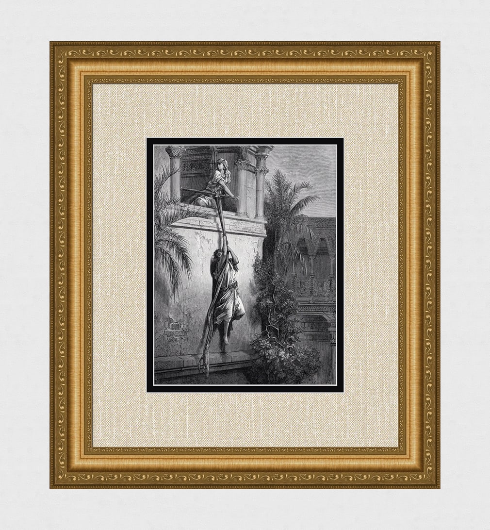 1800s DORE Religious Woodcut David Fleeing from King Saul FRAMED SIGNED: Gustave Dore (Paul Gustave Louis Christophe Dore) (French, 1832-1883). The Escape of David through the Window (from Dore's Bible). Antique woodcut on wove paper after the original by master wood engra