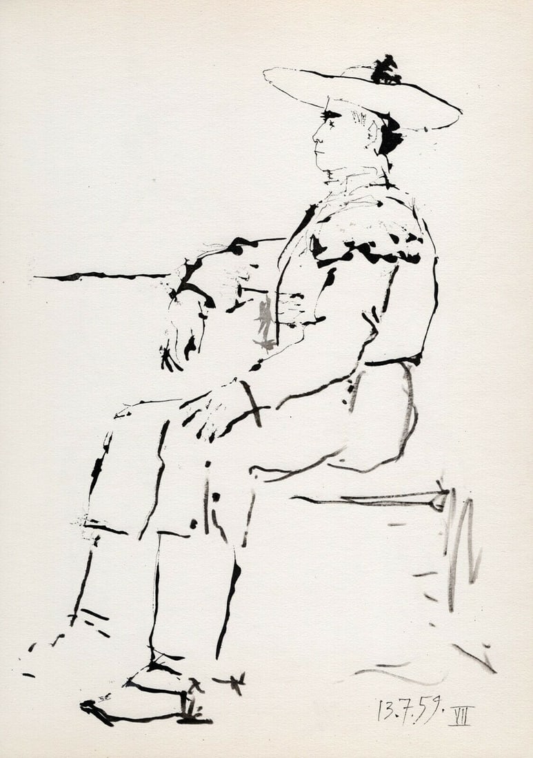 Pablo Picasso 1961 Vintage Lithograph Resting Picador FRAMED: Pablo Picasso (1881 - 1973). Resting Picador (Picador de Descanso). Black and white offset lithograph, on Arches paper, after the original sketch. Atelier: Mourlot. Year: 1961. Signature/Dated: Dated 