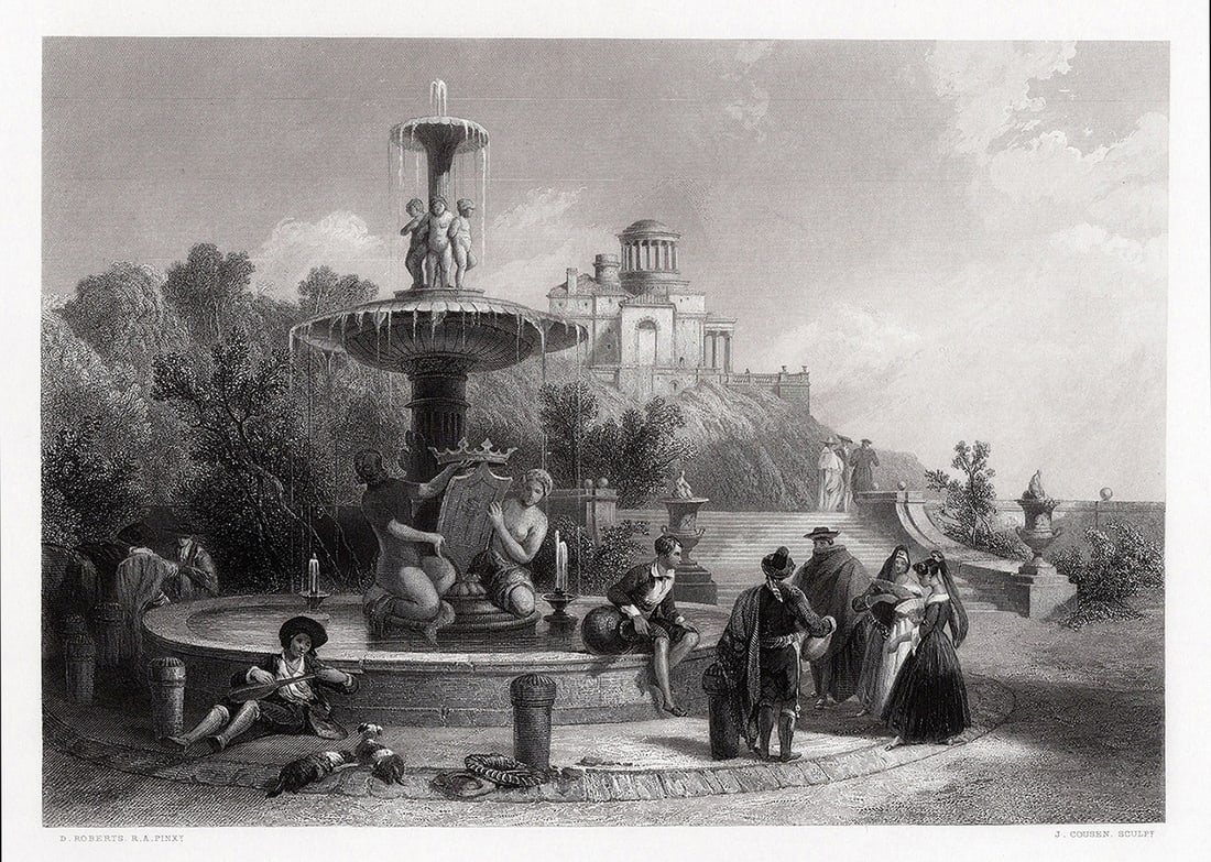 David Roberts The Fountain at Madrid 1856 Engraving: David Roberts. (Scottish, 1796-1864). The Fountain at Madrid. Antique engraving on wove paper after the original painting by master engraver John Cousen (Bradford 1804-1880 London). Year: 1856.