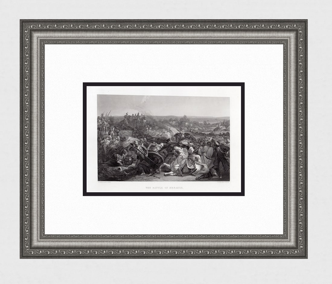 1800s EDWARD ARMITAGE Engravig The Battle of Meeanee SIGNED Framed: Edward Armitage (British, 1817-1896). The Battle of Meeanee. Antique engraving on wove paper after the original by master engraver James Baylis Allen (British,1803 - 1876). Signed on the plate. Year: