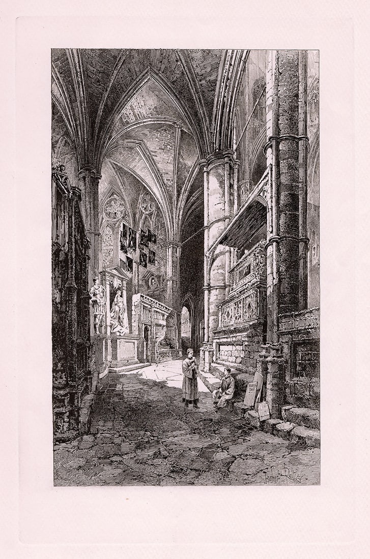 Herbert Railton North Aisle of the Choir 1889 etching: Herbert Railton. (English, 1857-1910). North Aisle of the Choir. Antique Hand Pulled copper plate etching on wove paper. 1889. Signed in the plate, lower right. Excellent. Image Size 7 1/2 x 11 5/8