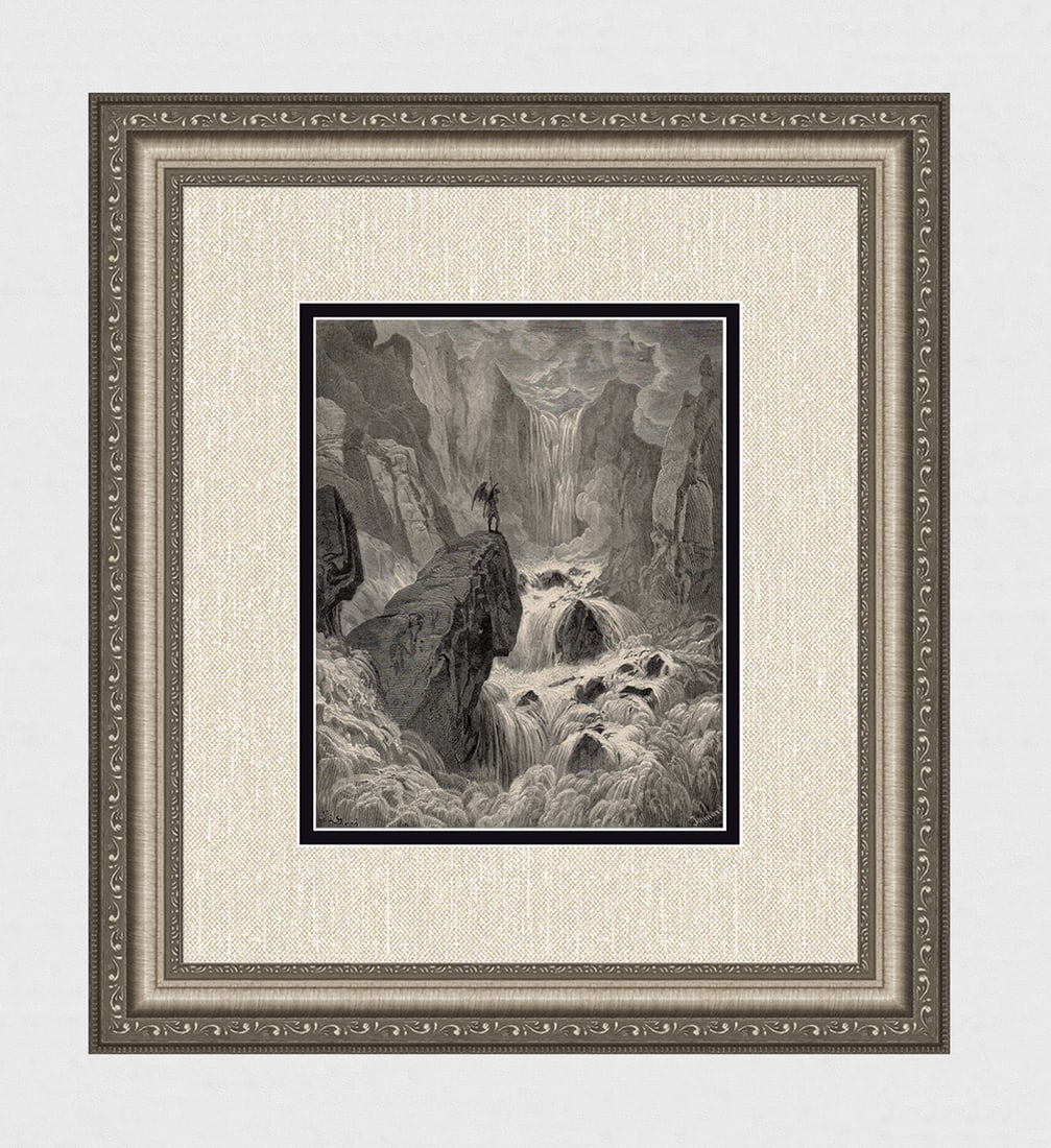Gustave Dore Satan in Paradise (Milton's Paradise Lost) c. 1880 Woodcut Signed: Gustave Dore (Paul Gustave Louis Christophe Dore) (French, 1832-1883). Satan Rises from the mist into Paradise (Milton's Paradise Lost). Antique woodcut wove paper after the original by master wood en