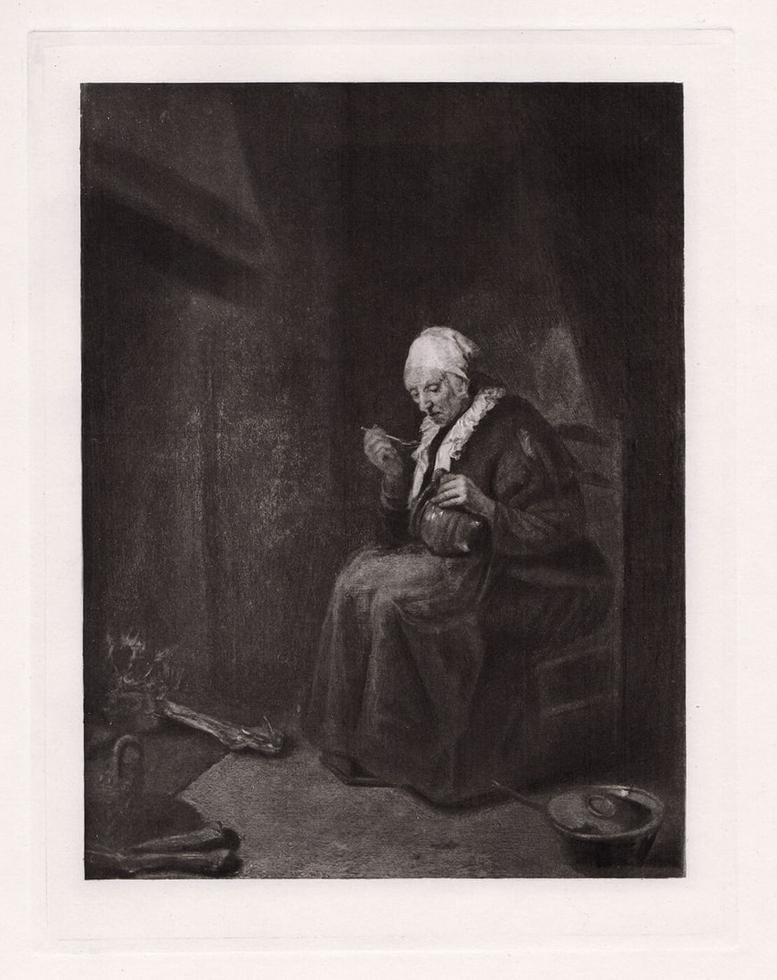 Brekelenkam Old Woman eating near a Fireplace 1889 print: Quirjin or Quiringh Gerritsz van Brekelenkam. (Dutch, 1622/29-1669/79). An Old Woman eating near a Fireplace. Antique Heliogravure on wove paper after the original by a master etcher. 1889. Excellent.