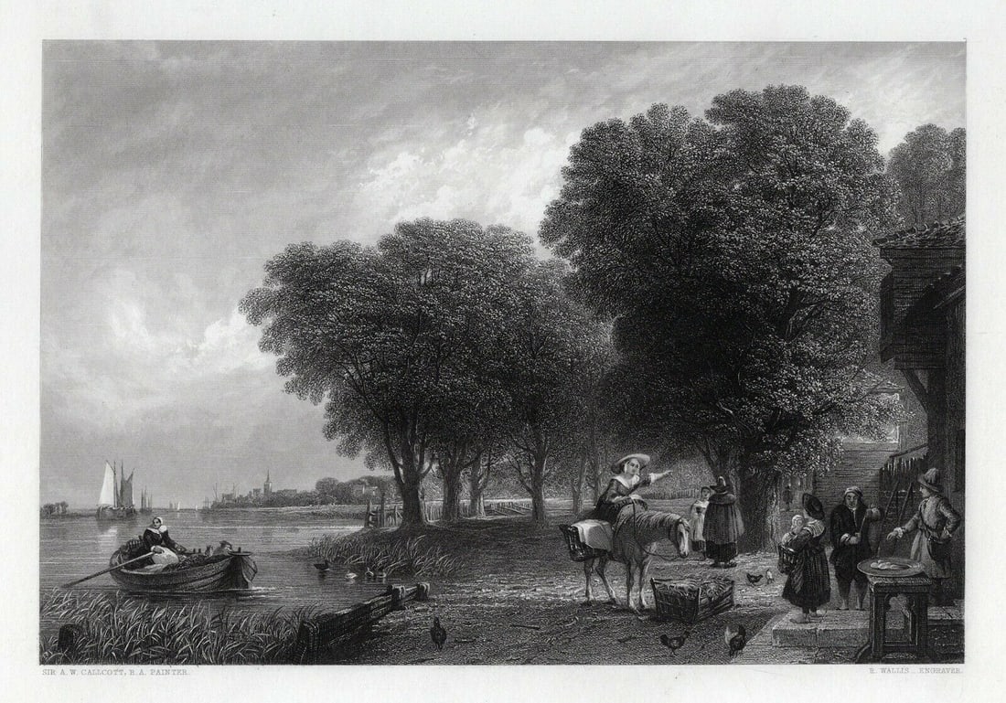 1800s John Callcott Antique Engraving The Dutch Ferry Framed SIGNED COA: John Callcott Horsley (English, 1817 - 1903). A Dutch Ferry. Antique engraving on wove paper after the original by master engraver Robert Wallis (English, 1794-1878). Year: 1849. Signed in the plate. 