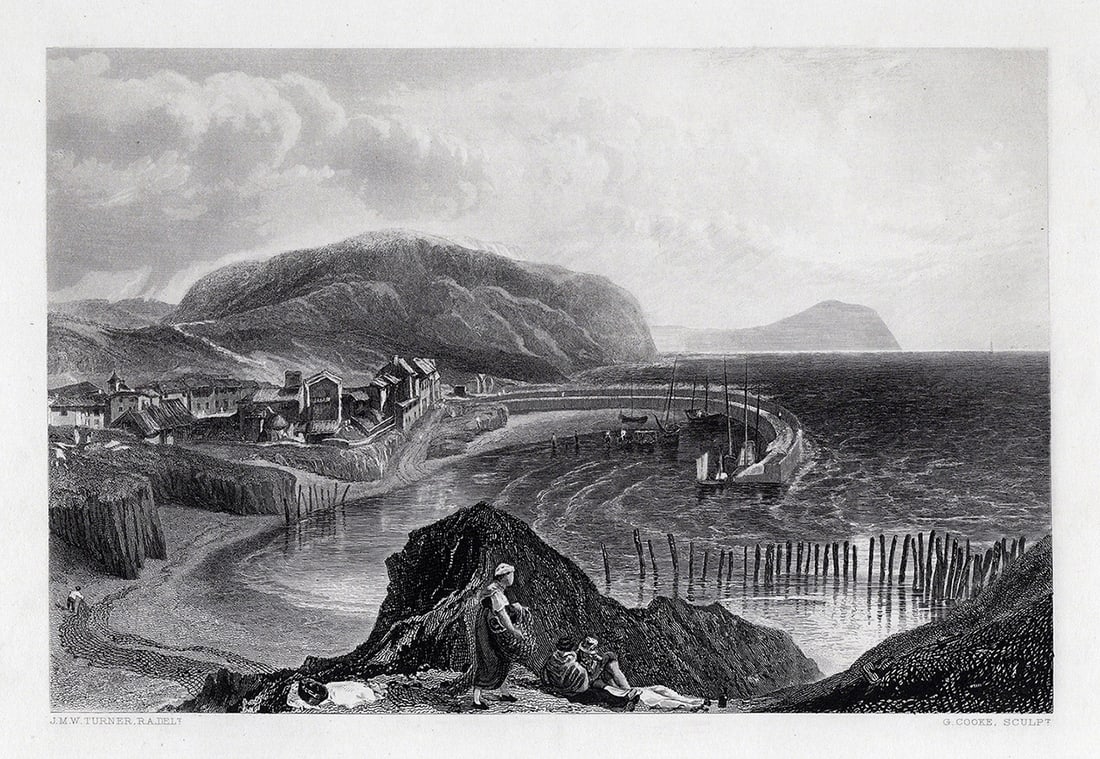 William TURNER 1800s Engraving Watchet, England SIGNED Framed: Joseph Mallord William Turner (English, 1775-1851). Watchet. Antique engraving on wove paper after the original by master engraver George Cooke (British, 1781-1834). Year: 1878. Reference Wilton 464. 