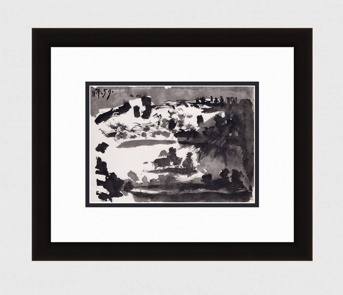 PABLO PICASSO 1961 Vintage Lithograph Bullfighting Arena FRAMED: Pablo Picasso (1881 - 1973). Bullfighting Arena XX (Plaza de Toros). Black and white offset lithograph, on Arches paper, after the original sketch. Atelier Mourlot. Year: 1961. Signature/Dated: Dated 