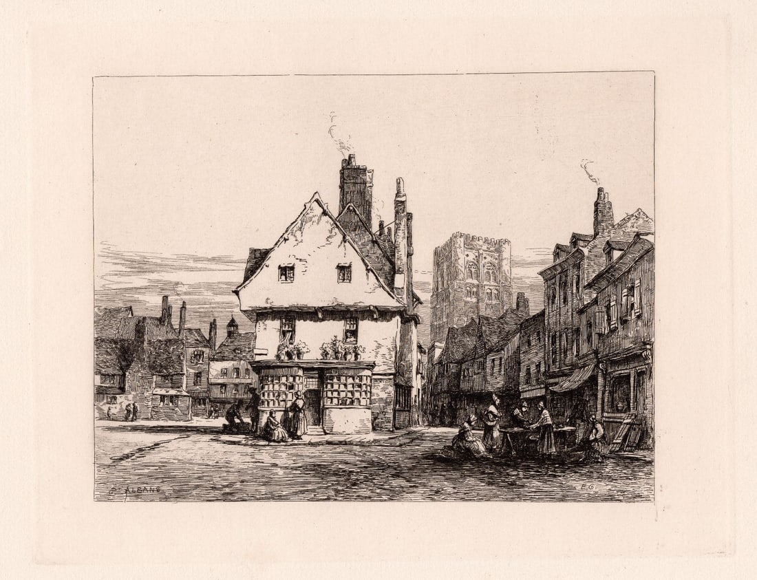 1876 Sir Ernest George St. Alban's etching signed: Sir Ernest George. (English, 1839-1922). St. Alban's. Original Hand Pulled Copper Plate Etching on Wove Paper. 1876. Signed in the Plate, lower right. Excellent. Image Size 7 x 9 inches 15 x 17 inches