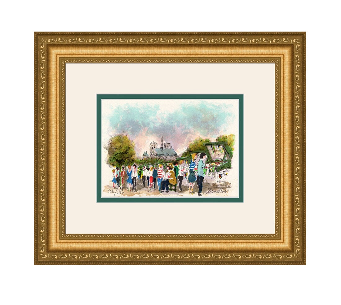 Urbain Huchet Les Bouquinistes a Paris lithograph signed: Urbain Huchet (French, 1930 - 2014). Les Bouquinistes a Paris. Original Color Lithograph on Arches Rag Paper. Hand Signed by the Artist Lower Right, Numbered in Pencil Lower Left. Excellent. Sheet Siz