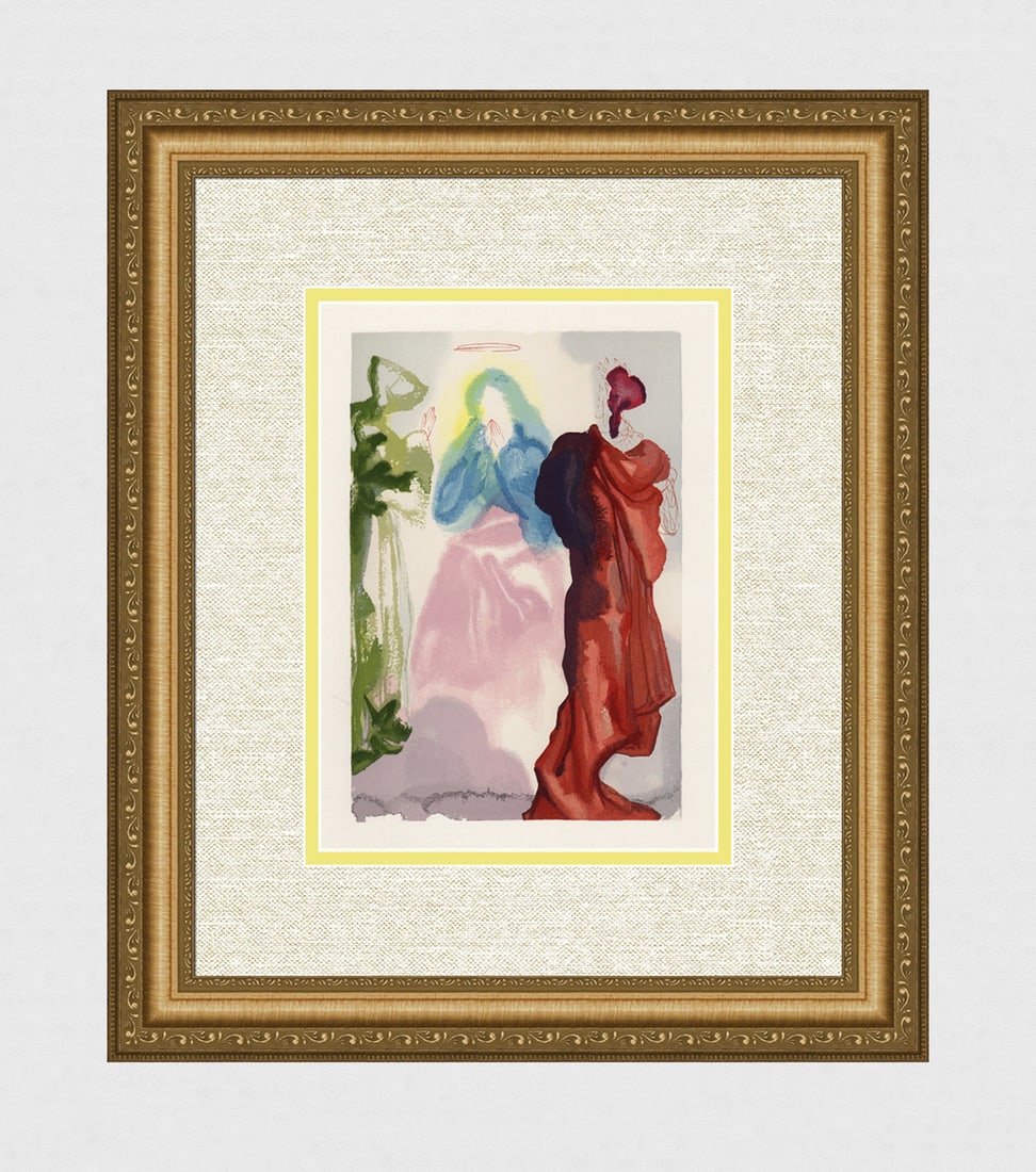 1960 Salvador Dali St Bernard Authentic Woodcut: Salvador Dali. (1904-1989). "Saint Bernard's Prayer" Paradise Canto 33. Authentic Original Color Woodcut from The Divine Comedy Printed in 1960 on B.F.K. Rives Paper ( this is not a reproduction, copy