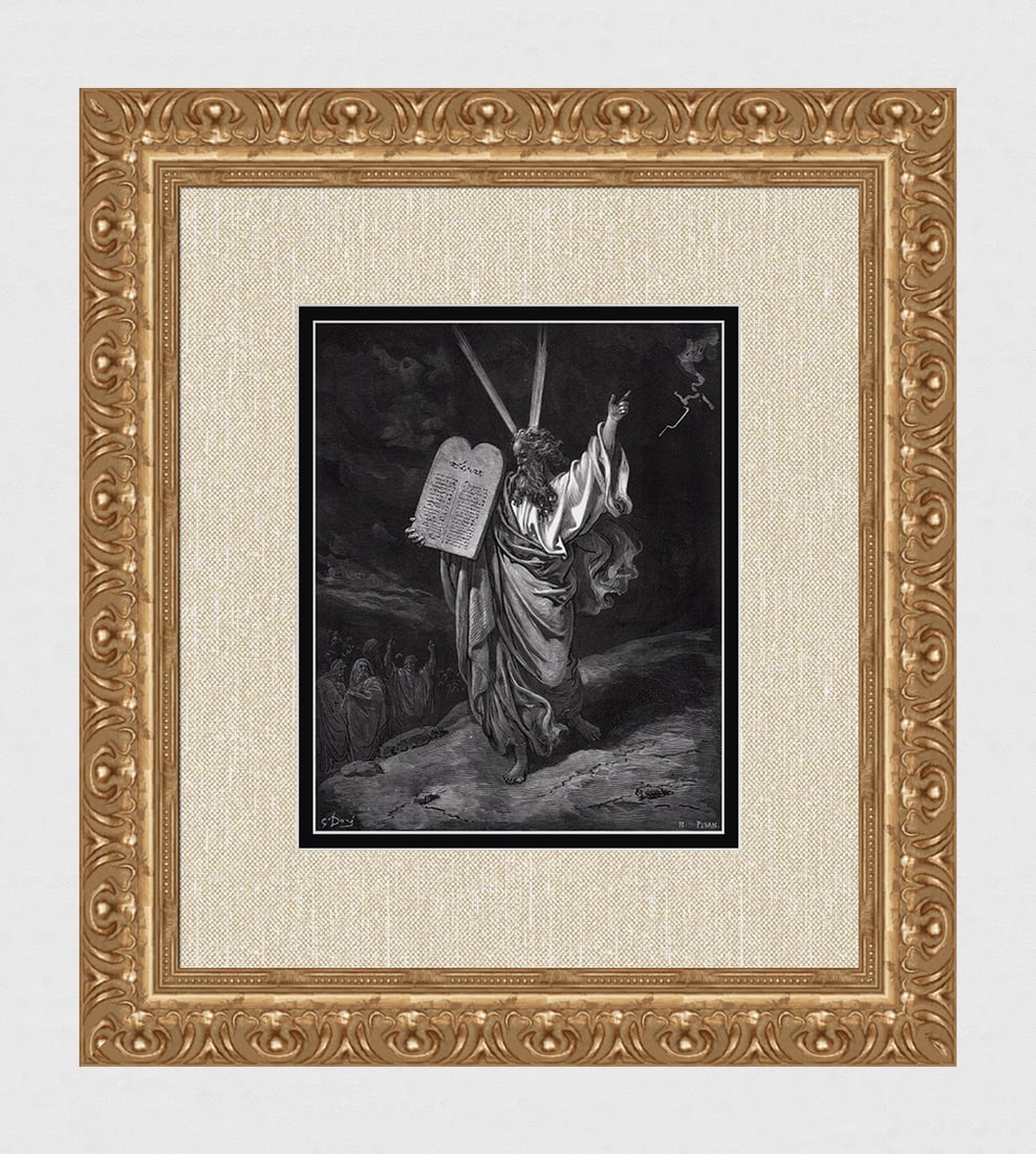 Gustave Dore 1800s Biblical Woodcut Moses with the Tablets FRAMED Signed: Gustave Dore (Paul Gustave Louis Christophe Dore) (French, 1832-1883). Moses Coming Down From Mt. Sinai (From Dore's Bible). Antique woodcut wove paper after the original by a master wood engraver Hel