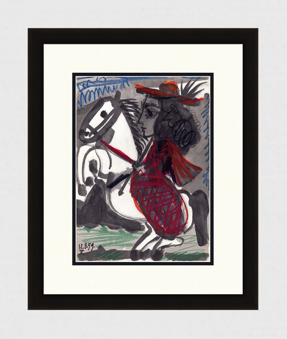 1961 Pablo PICASSO Color Lithograph Lady on a Horse wearing a Red Hat FRAMED: Pablo Picasso (1881 - 1973). Lady on a Horse (Jacqueline). 1961 Color offset lithograph, on Arches paper, after the original sketch. Dated in the plate, lower left. Editions Cercle d'Art. Condition: E