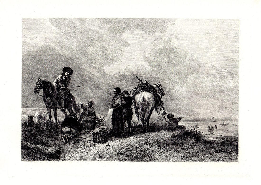 Philips Wouwerman On the Sea Shore 1887 etching: Philips Wouwerman. (1619-1668) (Dutch). "On the Sea Shore". Etching on laid paper after the original by a master etcher. 1887. Signed in the plate lower right. Excellent. Image size 7 1/2 x 10 1/2 inc