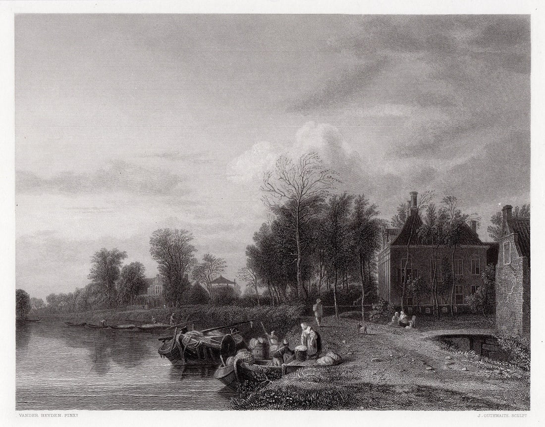 1857 Jan van der Heyden The River Bank engraving signed: Jan van der Heyden. (Dutch, 1637 - 1712). The River Bank. Antique engraving on wove paper after the original by master engraver Jean Jacques Outhwaite (French/British, 1836 - 1877). 1857. Signed in th