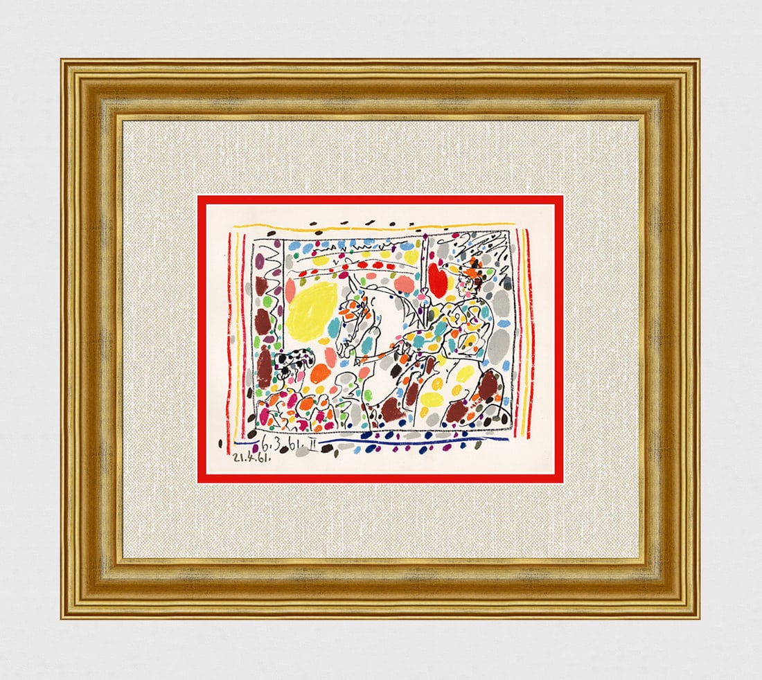 1961 Pablo Picasso Le Picador II Lithograph Framed Mourlot Bullfight: Pablo Picasso (Spanish,1881-1973). Le Picador II (Bloch 1017; Cramer 113). Original Transfer Lithograph on wove paper. 1961. Atelier Mourlot. Sheet Size: 9 1/2 x 12 1/2 inches. Sight size c. 8 x 10 in