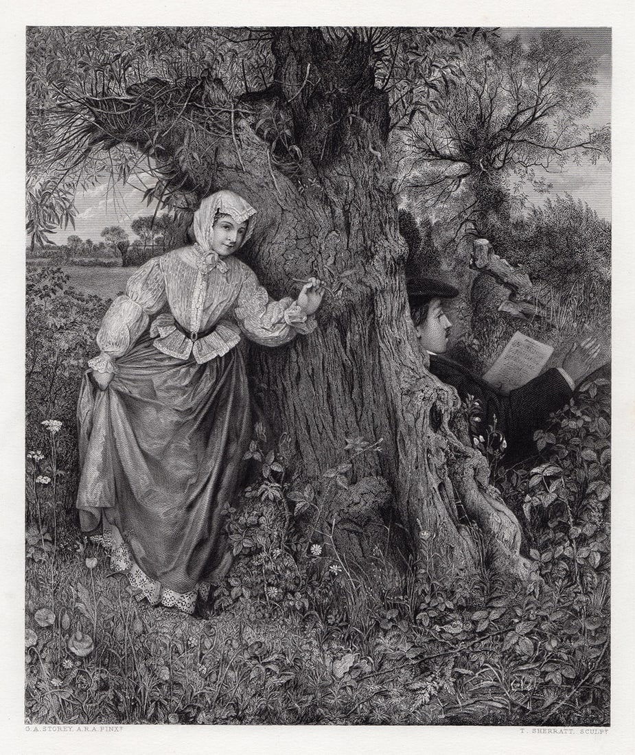 George Adolphus Storey Music Hath Charms 1878 engraving: George Adolphus Storey. (English,1834 - 1919). Music Hath Charms. Antique steel engraving on wove paper after the original by master engraver Thomas Sherratt ( active 1836-1884). 1878. Signed in the p